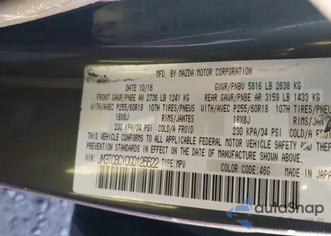 2016 Mazda Cx-9 Touring z USA, uszkodzony, nr VIN JM3TCBCY0G0126622